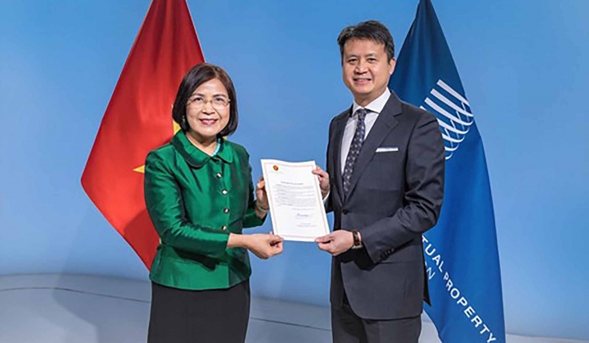 Đại diện Việt Nam trao văn kiện gia nhập Hiệp ước Marrakesh cho Tổng Giám đốc WIPO