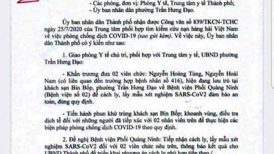 Quảng Ninh cách ly 2 trường hợp liên quan tới bệnh nhân 416