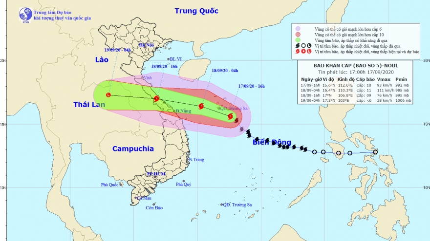 Trưa và chiều ngày 18/9 bão số 5 giật cấp 12 sẽ đổ bộ vào bờ
