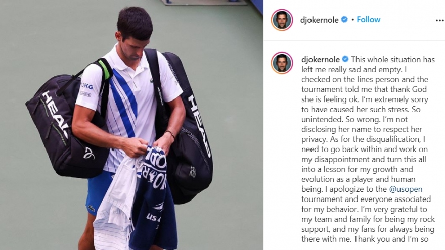 Djokovic xin lỗi sau sự cố đánh bóng trúng cổ trọng tài ở US Open