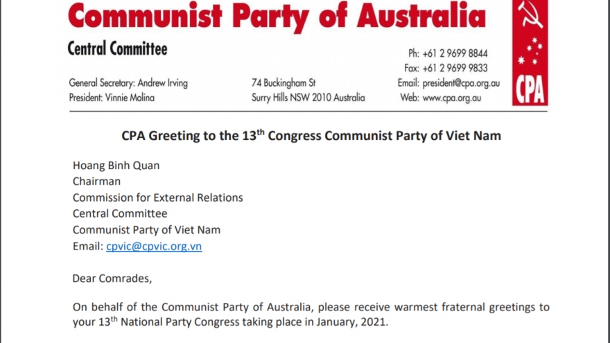 Đảng Cộng sản Australia gửi thư chúc mừng Đại hội XIII của Đảng CSVN