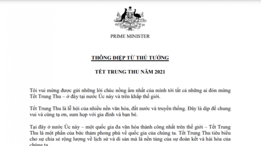 Thủ tướng Australia gửi thông điệp chúc Tết Trung thu bằng tiếng Việt