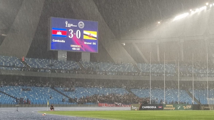 Tạm dừng trận khai mạc U23 Đông Nam Á ở sân Morodok Techo vì mưa