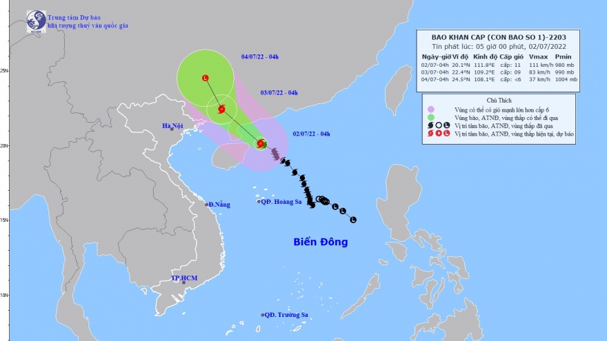 Bão số 1 giật cấp 14 đang hướng gần Quảng Ninh, Bắc bộ mưa to từ chiều tối 2/7