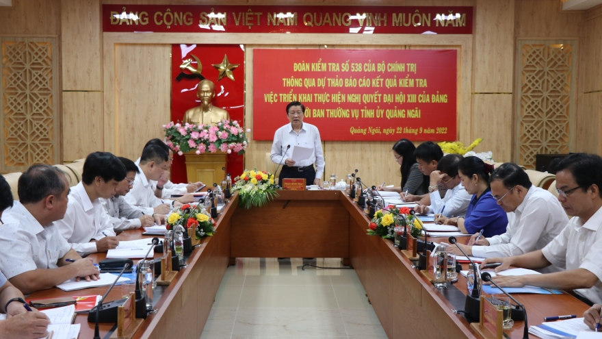 Đoàn Kiểm tra 538 của Bộ Chính trị làm việc với Ban Thường vụ Tỉnh ủy Quảng Ngãi