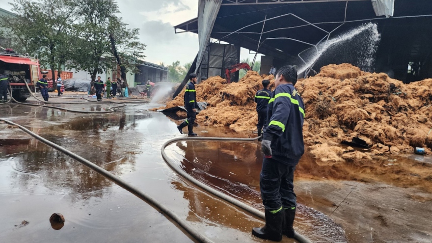 Cháy cơ sở sản xuất chỉ xơ dừa ở Tiền Giang