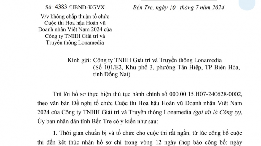 Bến Tre “từ chối” việc tổ chức thi Hoa hậu Hoàn vũ Doanh nhân 2024 tại xứ dừa