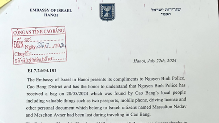 Đại sứ quán Israel gửi thư cảm ơn lực lượng công an ở Cao Bằng