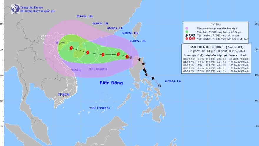 Bão số 3 di chuyển theo hướng Tây Tây Bắc