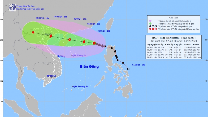 Bão số 3 giật cấp 17, di chuyển theo hướng Tây Tây Bắc, tốc độ 5-10km/h