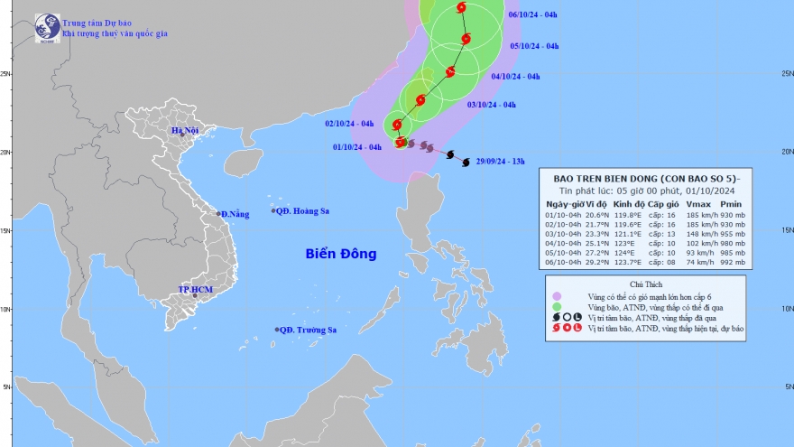 Bão số 5 vào Biển Đông, tâm bão mạnh cấp 16 giật trên cấp 17