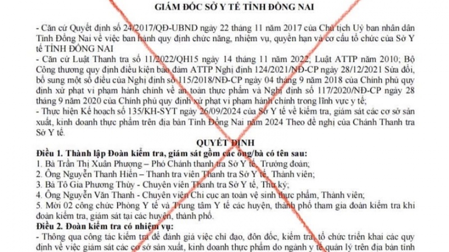 Giả mạo văn bản Sở Y tế tỉnh Đồng Nai về việc thành lập đoàn kiểm tra