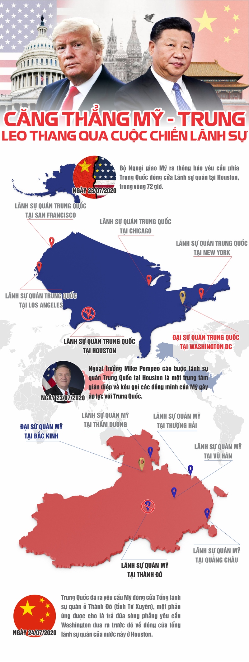Infographic: Căng thẳng Mỹ - Trung leo thang qua cuộc chiến lãnh sự