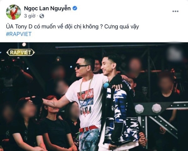 Nữ diễn viên Ngọc Lan "phát cuồng" và gọi tên Tony D ngay trên trang cá nhân. "Ủa Tony D có muốn về đội chị không? Cưng quá vậy", Ngọc Lan phấn khích bày tỏ sự yêu thích dành cho Tony D. (Tiền phong)