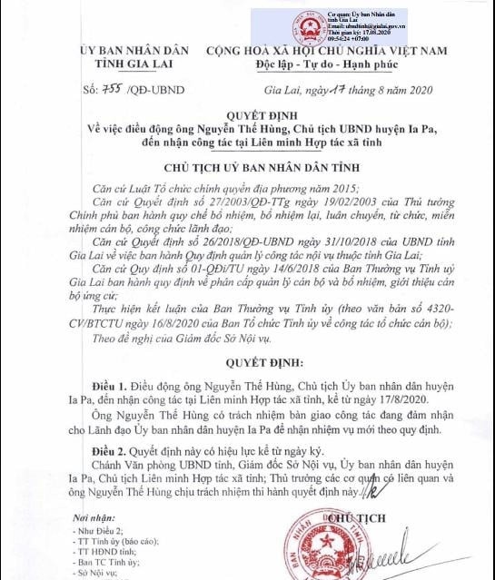 Điều động Chủ tịch UBND huyện Ia Pa về Liên minh HTX tỉnh Gia Lai