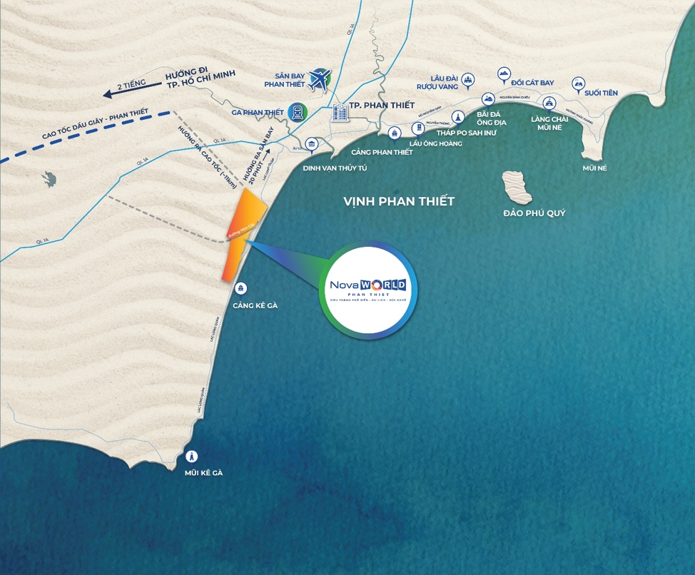 NovaWorld Phan Thiet có vị trí thuận lợi khi kết nối trực tiếp với cao tốc Dầu Giây – Phan Thiết; cách sân bay quốc tế Phan Thiết chỉ 20 phút di chuyển (Hotlline: 0938 221 226; website: novaworldphanthiet.com.vn)