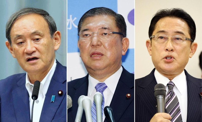 Từ trái sang: Chánh văn phòng Nội các Suga Yoshihide, cựu Bộ trưởng Quốc Phòng Ishiba Shigeru và cựu Ngoại trưởng Kishida Fumio. Ảnh: Korea Herald