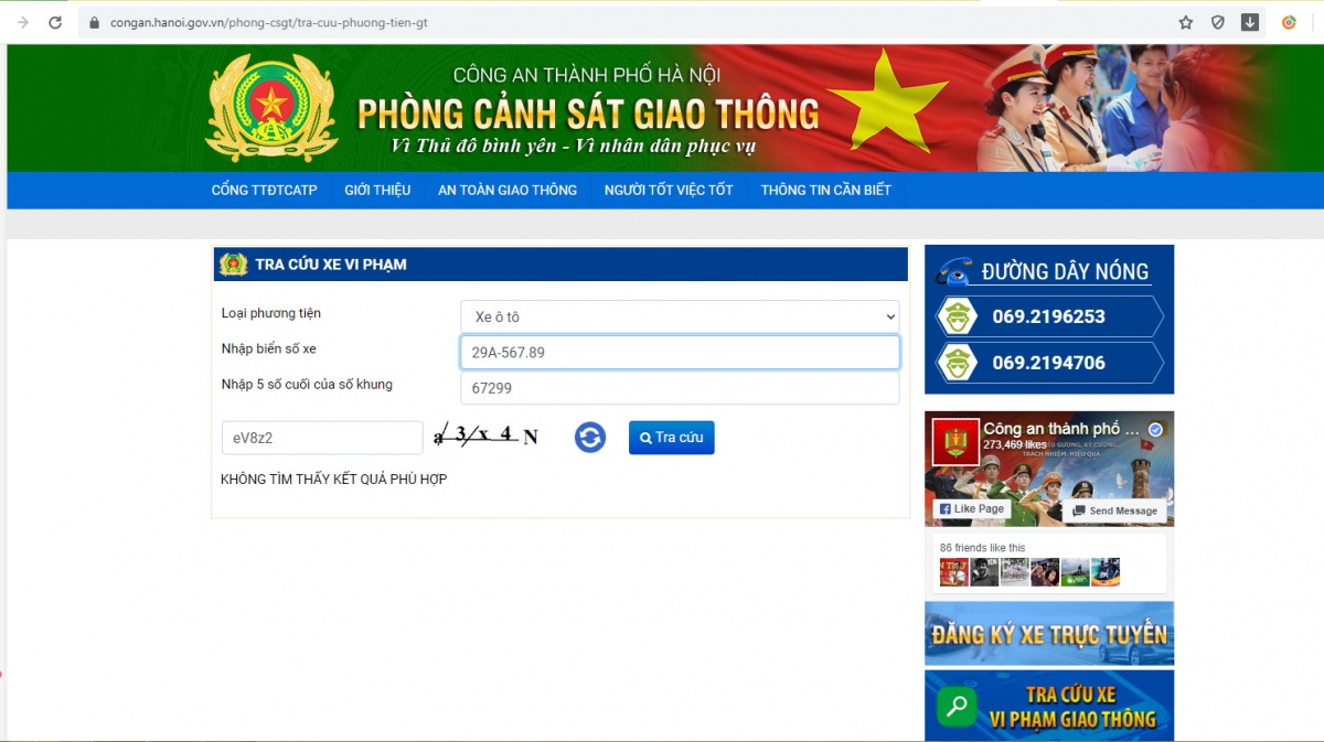 Nếu xe không vi phạm, trang web sẽ hiện dòng chữ “Không tìm thấy kết quả phù hợp” ở phía dưới.