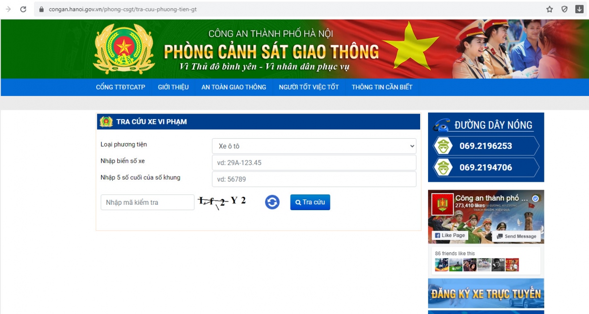 Giao diện mục "Tra cứu xe vi phạm giao thông" trên Cổng thông tin điện tử Công an thành phố Hà Nội.