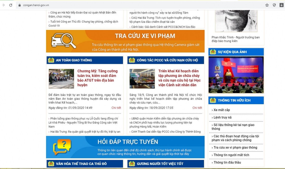 Giao diện Cổng thông tin điện tử Công an thành phố Hà Nội.