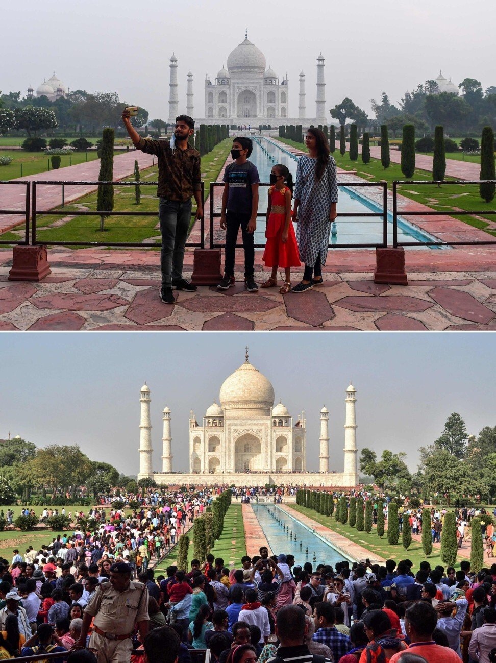 Đền Taj Mahal ngày mở cửa trở lại (ảnh trên) và quang cảnh trước khi dịch bệnh bùng phát (ảnh dưới). Nguồn: AFP