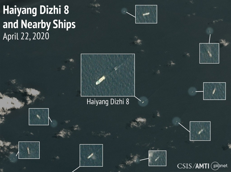 China's Haiyang Dizhi 8 at one point is escorted by up to 10 Chinese Coast Guard and military ships  entering close to Malaysian waters in April 2020 (Photo: CSIS/AMTI)