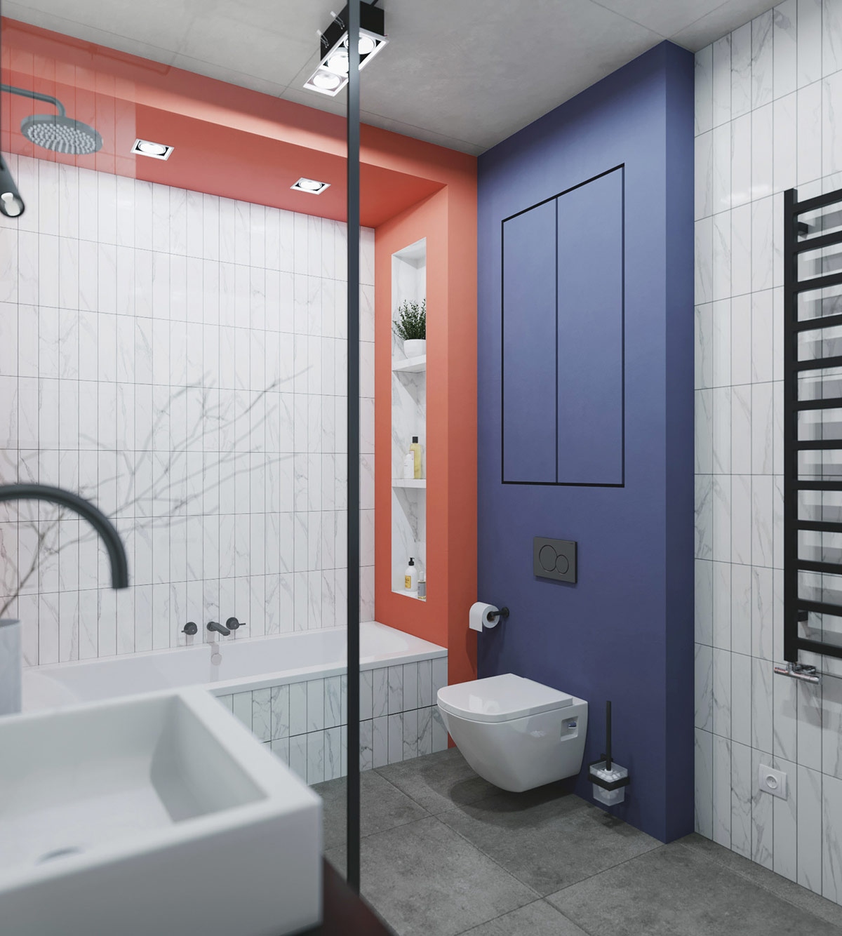 Trong phòng tắm, sự kết hợp độc đáo giữa gạch thẻ màu trắng cùng bức tường màu xanh và gạch thể hiện cá tính độc đáo của người sở hữu.