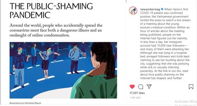 Báo The NewYorker hôm 21/9 đăng tải một bài viết về bệnh nhân số 17 của Việt Nam trên Instagram.