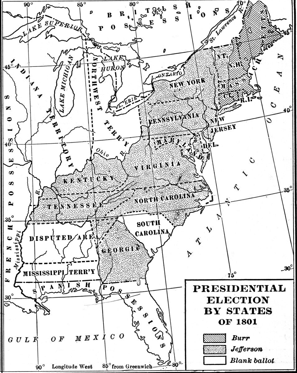 Cuộc bầu cử Tổng thống Mỹ đầy kịch tính năm 1800 (tiểu bang gạch nghiêng - ủng hộ Burr, chấm chấm - ủng hộ Jefferson; trắng - bỏ phiếu trắng); Nguồn: History.com