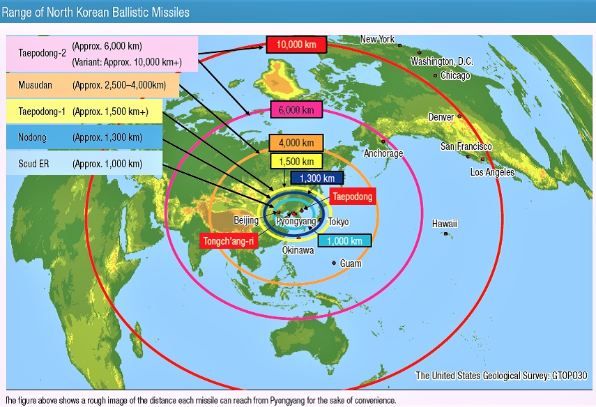 Tầm bắn của các tên lửa đạn đạo Triều Tiên; Nguồn: nknews.org