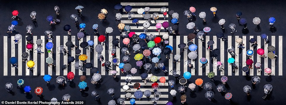 In the Patterns category, this photo of multiple umbrellas crossing each other in the streets in Tokyo, taken by German photographer Daniel Bonte, secures a top-place finish.