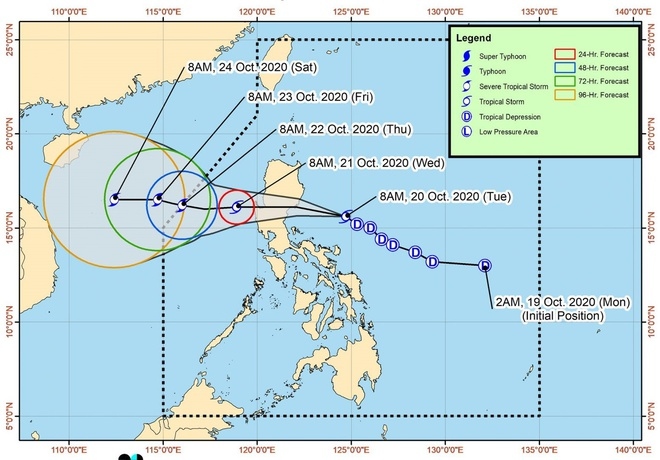 Đường đi dự kiến của bão Saudel. Ảnh: Cơ quan Thiên văn, Địa lý và Khí tượng Philippines