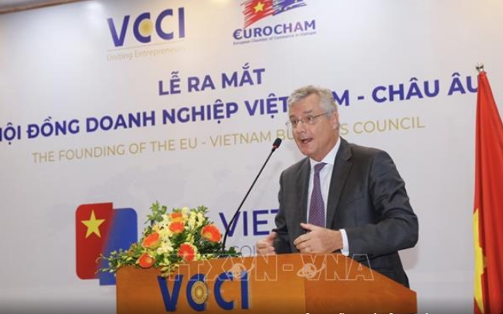 Ông Nicolas Audier, Chủ tịch EuroCham phát biểu tại lễ ra mắt Hội đồng doanh nghiệp Việt Nam - châu Âu. (Ảnh: TTXVN)