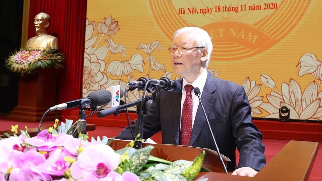 Tổng Bí thư, Chủ tịch nước Nguyễn Phú Trọng đọc Diễn văn tại Lễ kỷ niệm. Ảnh: TTXVN