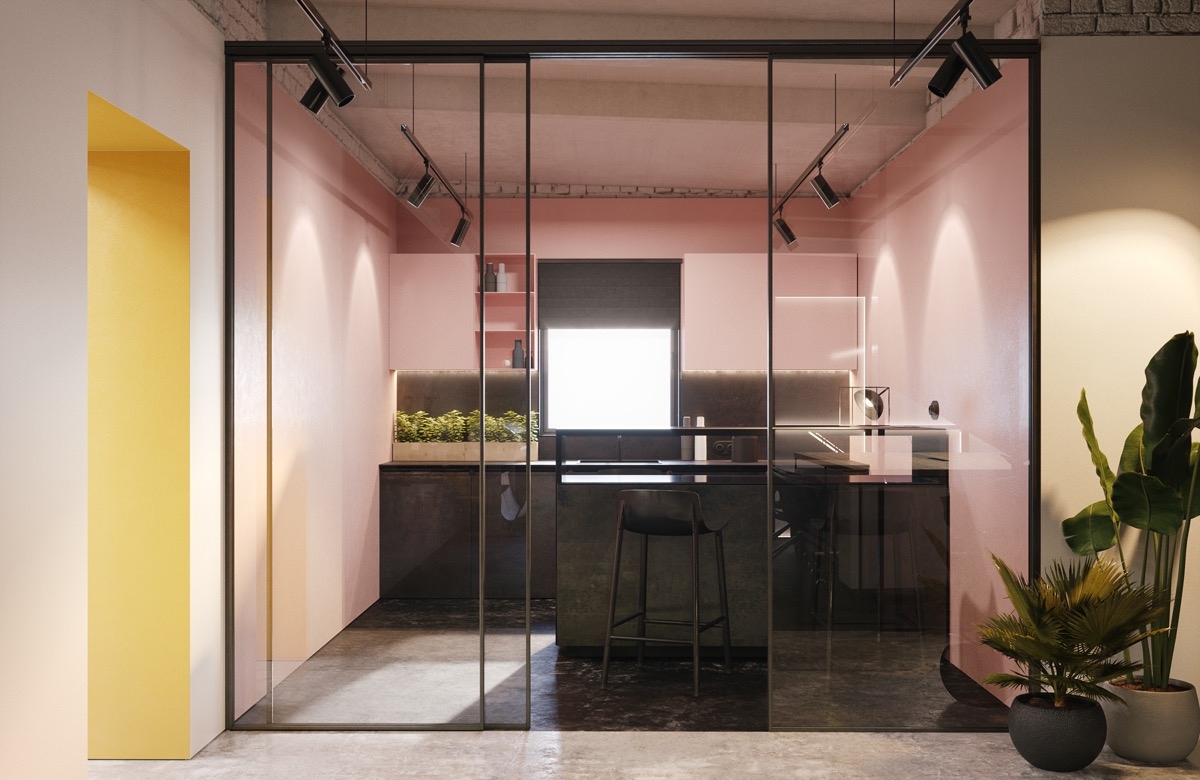 Màu hồng cùng ánh đèn trang trí sẽ tạo nên một không gian bếp đầy sự lung linh, ấn tượng.