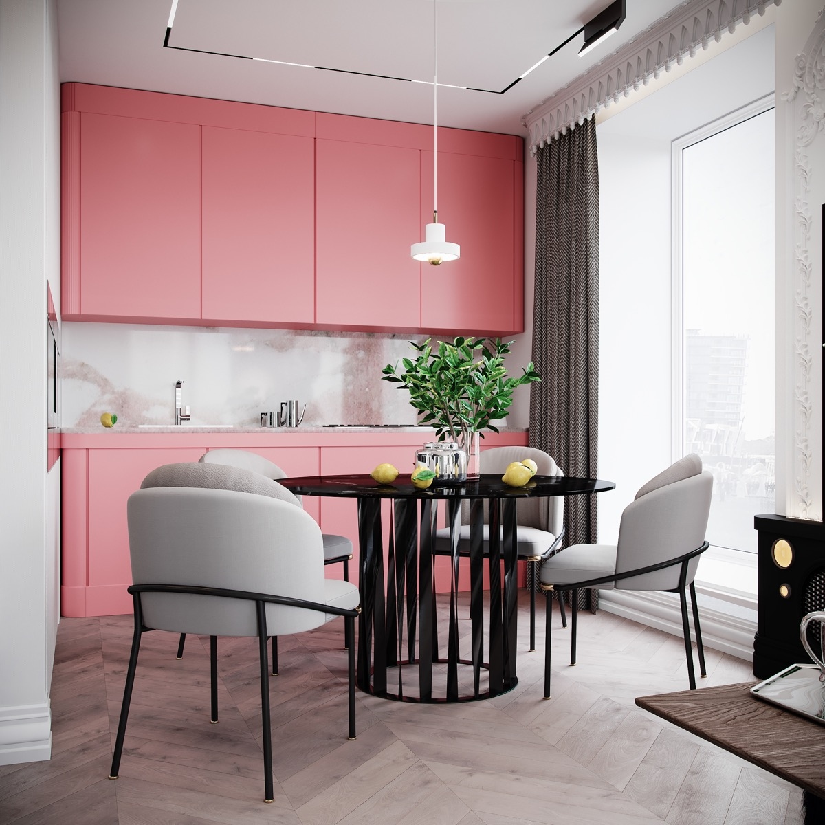 Tủ bếp màu hồng tươi sáng sẽ là điểm nhấn vô cùng đặc biệt, góp phần nên một bức tranh đầy màu sắc trong phòng bếp.