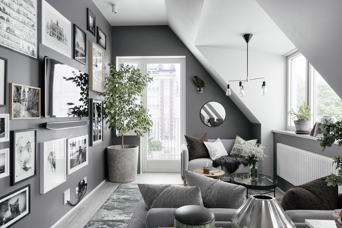 Nếu phòng khách nhà bạn bị hạn chế về mặt diện tích thì màu xám và trắng sẽ là một giải pháp trên cả tuyệt vời.