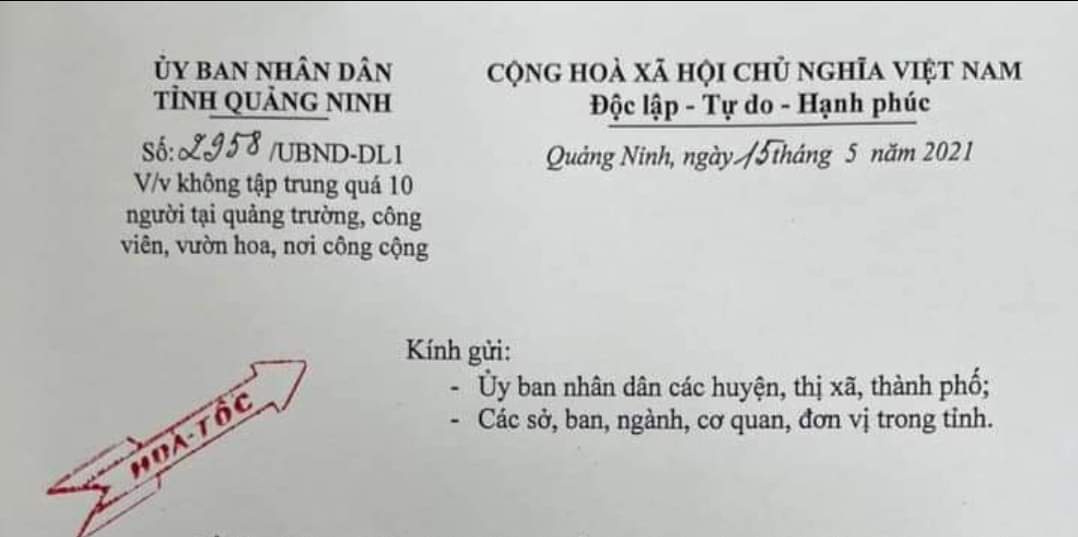 Quảng Ninh không được tập trung quá 10 người tại các khu vực công cộng 