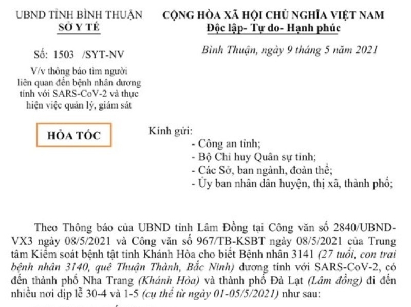 Bình Thuận tìm người liên quan bệnh nhân 3141