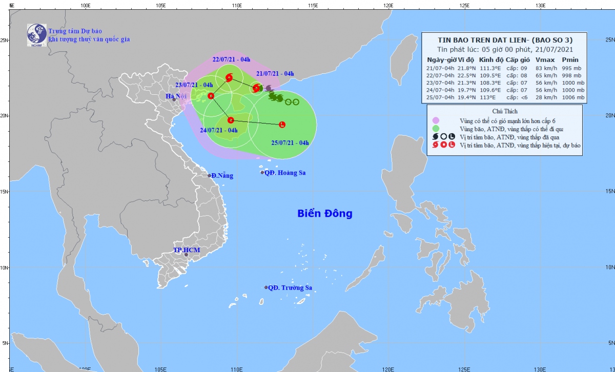Sáng mai (22/7), bão số 3 cách Móng Cái (Quảng Ninh) khoảng 200km