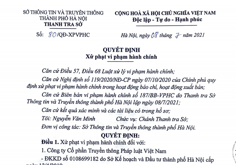 Sở Thông tin và Truyền thông Hà Nội xử phạt 1 trang tin điện tử 75 triệu đồng