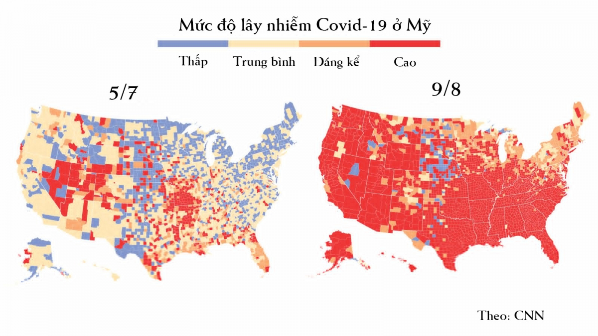 Bản đồ cho thấy biến thể Delta đã "nhấn chìm" nước Mỹ thế nào chỉ trong 1 tháng