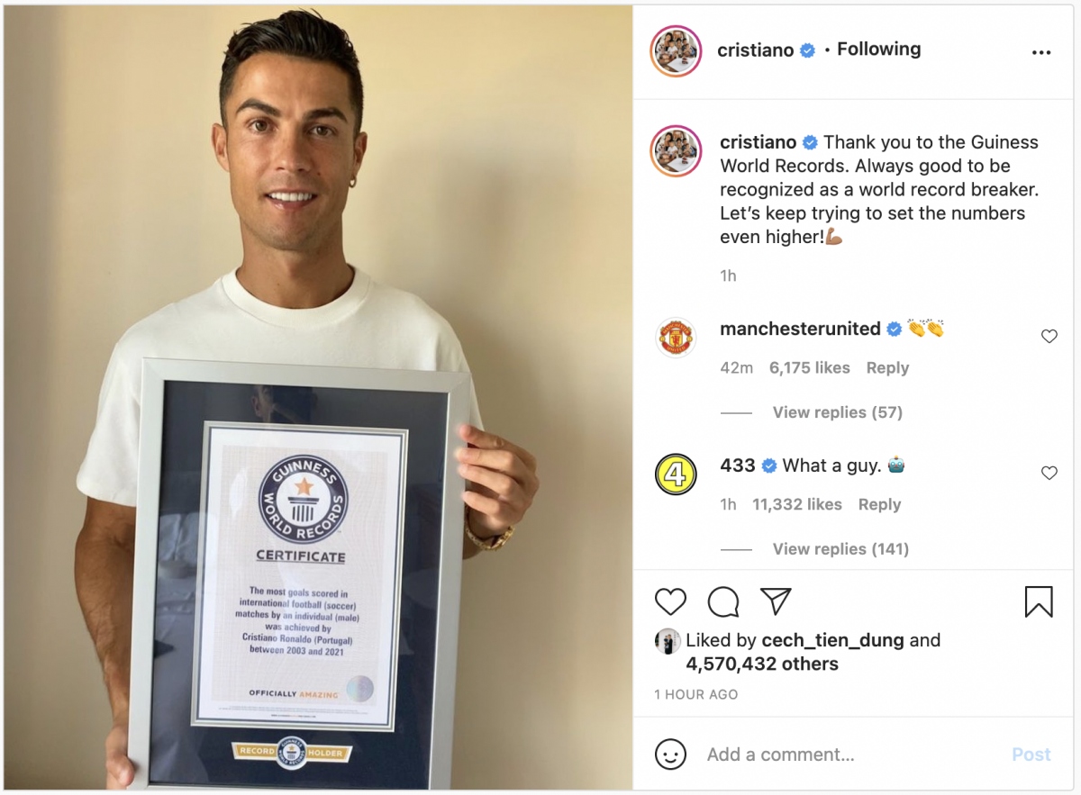 Ghi 111 bàn cho ĐT Bồ Đào Nha, Ronaldo nhận kỷ lục Guinness