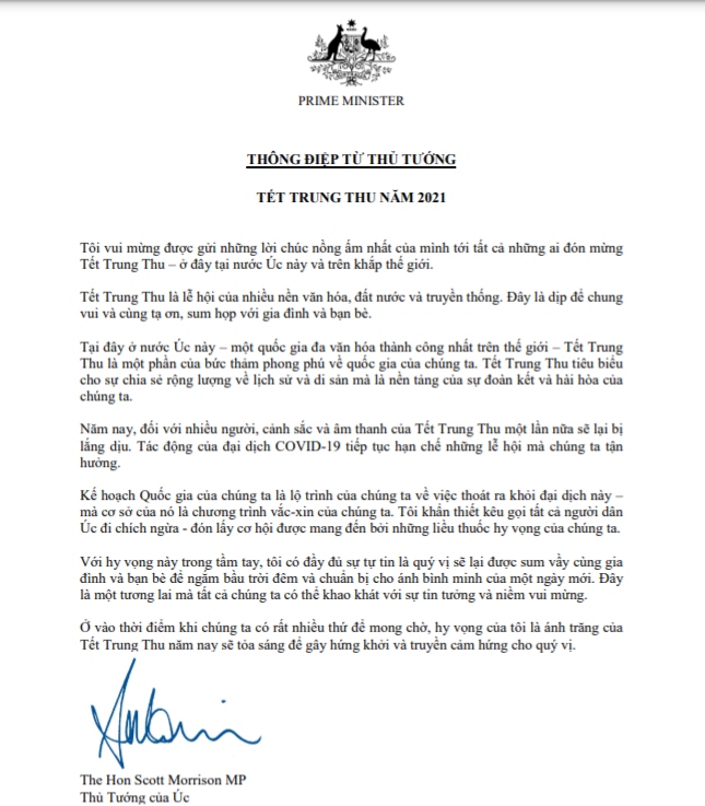 Thủ tướng Australia gửi thông điệp chúc Tết Trung thu bằng tiếng Việt