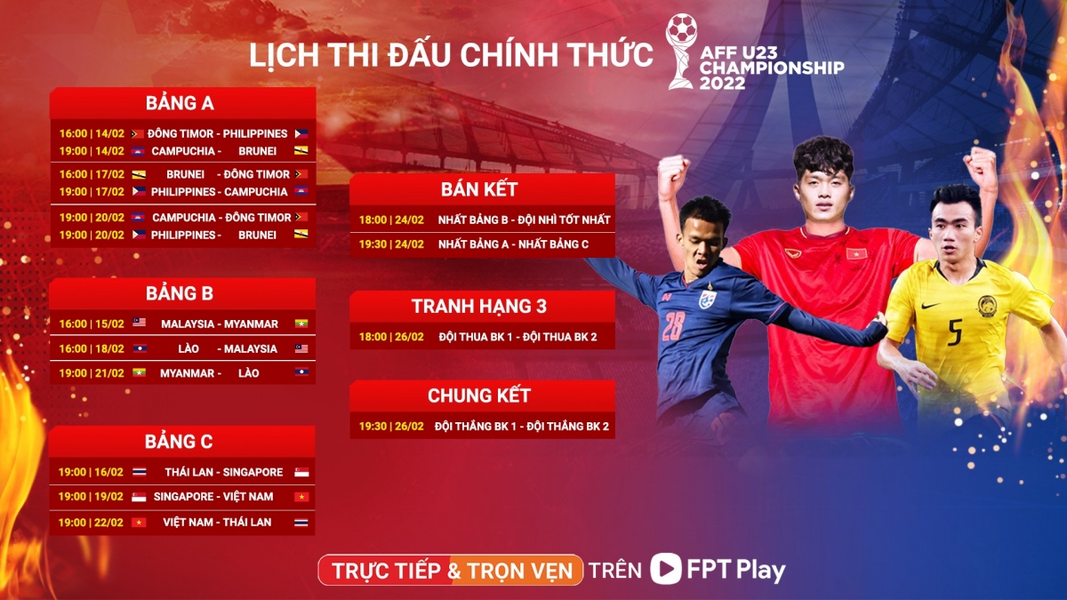Lịch thi đấu và trực tiếp U23 Đông Nam Á 2022: U23 Việt Nam quyết tâm vô địch