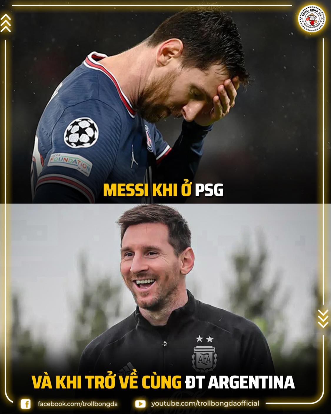 Hình ảnh trái ngược của Lionel Messi ở CLB và ĐTQG. (Ảnh: Troll Bóng Đá)