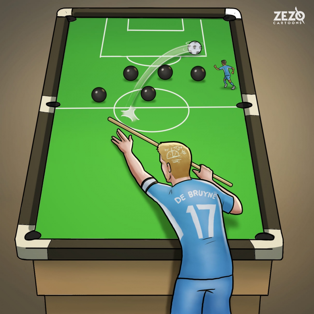 Nhãn quan chiến thuật đỉnh cao của Kevin De Bruyne. (Ảnh: ZEZO Cartoons)