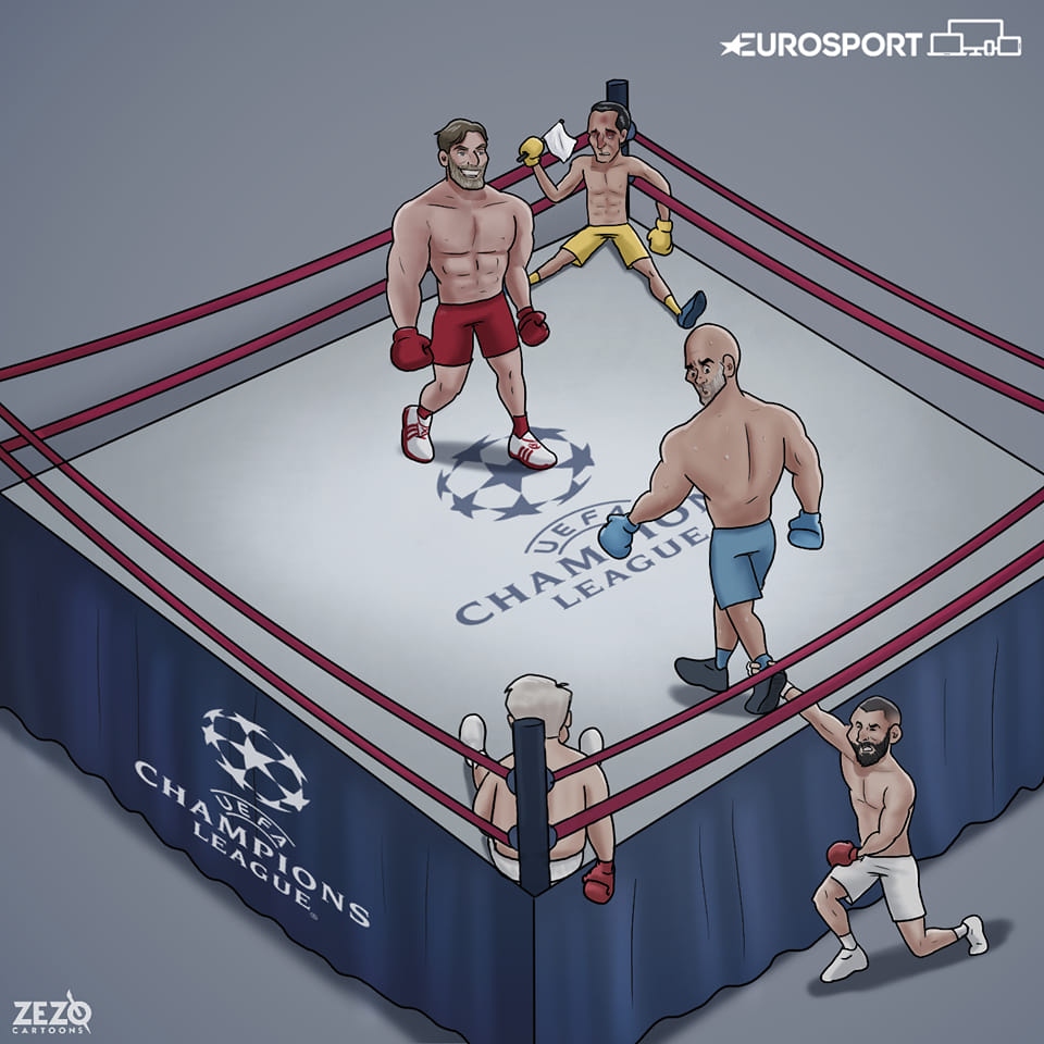 Trận chung kết toàn Anh giữa Liverpool và Man City sẽ diễn ra ở Champions League mùa này? (Ảnh: ZEZO Cartoons)