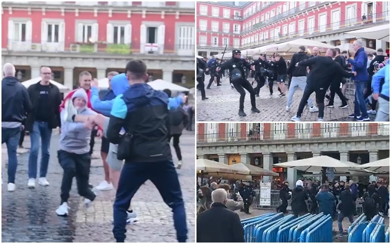 CĐV Chelsea và Man City đánh nhau trên đường phố Madrid khiến cảnh sát Tây Ban Nha phải can thiệp. (Ảnh: The Sun)