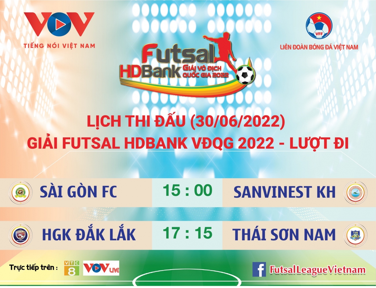 Lịch thi đấu giải Futsal HDBank VĐQG 2022 ngày 30/6